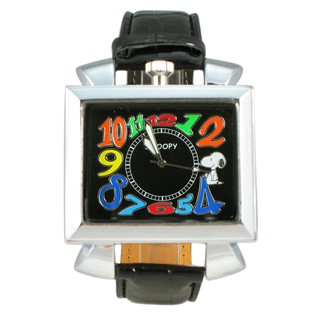 卡漫城 - 史奴比 皮革 方形 手錶 黑 ㊣版 Snoopy 史努比 女錶 男錶 糖果色 超大鏡面 彩色數字