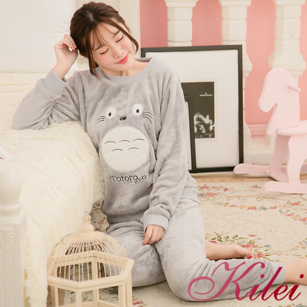 【Kilei】可愛貓熊二件式長袖水貂絨睡衣組XA3858(休閒灰)全尺碼