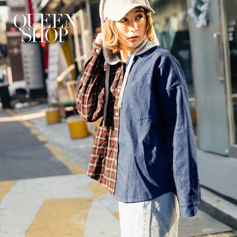 QUEENSHOP【01130076】牛仔格紋拼接連帽上衣＊預購＊