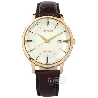 CITIZEN / 光動能 簡約紳士 日期 小牛皮壓紋手錶 白x香檳金框x紅褐 / BM7463-12A / 40mm