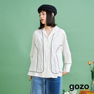 【gozo】國民領配色邊襯衫(白色/深藍_F)｜女裝 顯瘦 休閒
