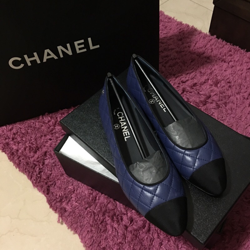 正品代購 CHANEL 女鞋 深藍 經典雙C LOGO 菱格 娃娃鞋