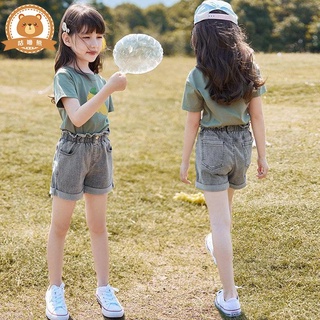 女童運動服 兒童運動套裝 女童夏裝套裝2023新款韓版洋氣衣服兒童短袖夏季牛仔短褲兩件套潮