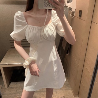 sleep-泫雅風超仙紫色法式初戀裙復古泡泡袖顯瘦收腰連衣裙 白色洋裝
