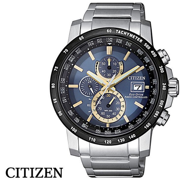 CITIZEN 星辰錶 太陽能電波錶藍色金刻度三眼鋼帶電波錶 42mm 世界時間 萬年曆 AT8124-83M 公司貨