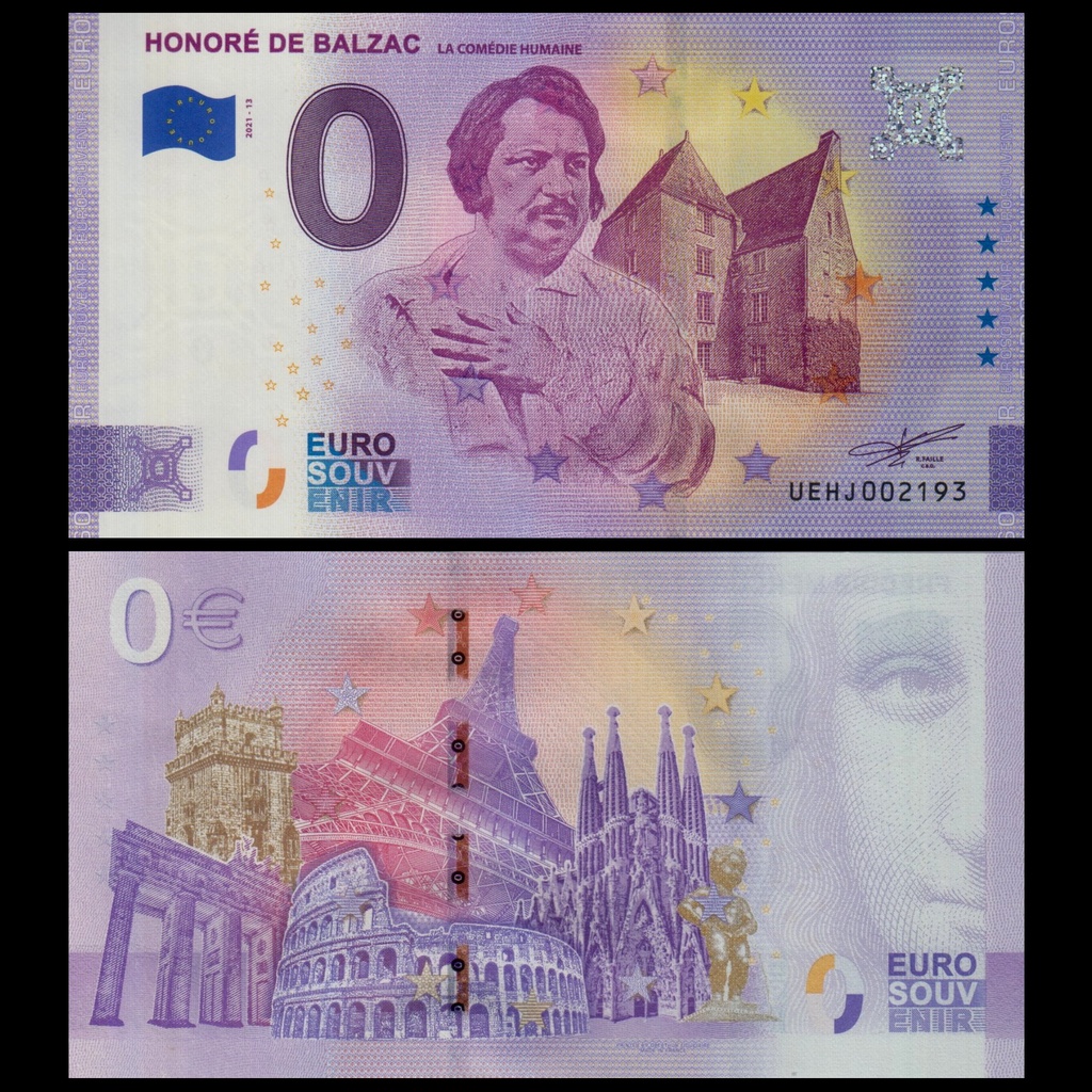 現貨實拍 2021年 0歐 法國 作家 巴爾札克 小說家 人間喜劇 0元 鈔票 歐盟 歐洲央行 人物 紀念幣 非現行貨幣