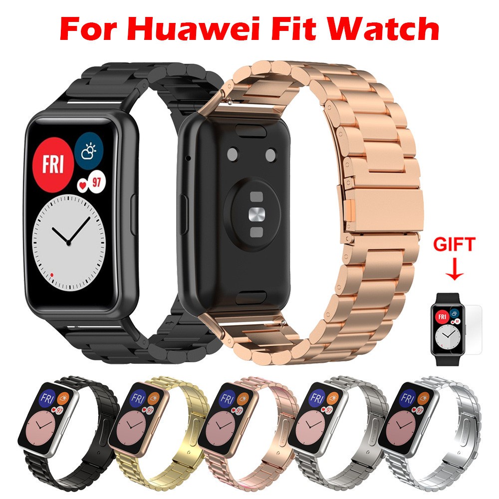 華為Watch Fit 錶帶 華為fit 金屬錶帶 Huawei Watch Fit 不鏽鋼錶帶 三株錶帶 保護貼膜