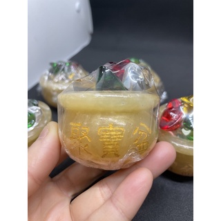D4801天然黃玉聚寶盆 含琉璃五色元寶 招財進寶 擺件