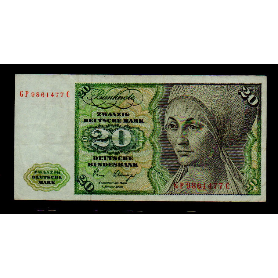 【低價外鈔】德國1970~80年 舊版馬克 20 MARK 紙鈔一枚，絕版少見~(使用過普品)