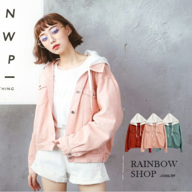 Rainbow shop牛仔外套/牛仔連帽外套/酒紅色連帽牛仔外套/可拆式牛仔外套/女生/牛仔/帽子外套