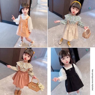 現貨出清韓版女童長袖時尚 兩件式套裝 兒童童裝 碎花吊帶裙 兒童長袖上衣 女童吊帶短裙 連衣裙 日系吊帶裙 吊帶裙 女童