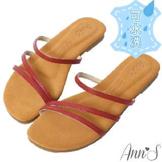 Ann’S水洗牛皮-鹽系女孩三條鞋帶平底涼拖鞋-紅