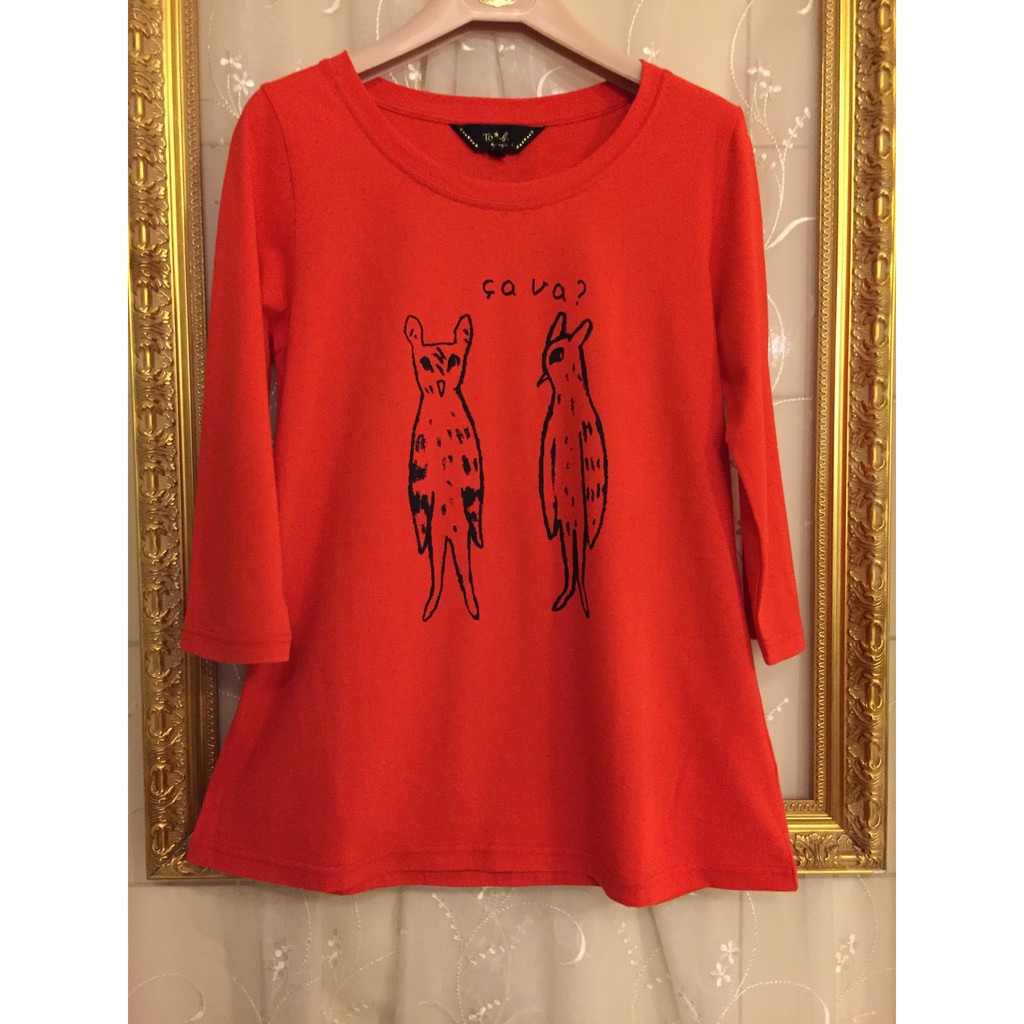 Agnes b.印花Ça va塗鴉圖案傘狀下襬橘紅七分袖T-shirt 上衣 Made in Japan日本製 二手