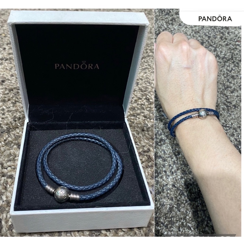 正品Pandora 潘朵拉 925純銀圓珠開扣式 雙圈皮革皮繩手鍊手環（黑藍色 ）/名牌配件