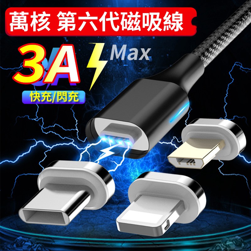 【第六代磁吸線】萬核磁吸充電線QC3.0雙面傳輸充電線超強盲吸3A磁吸頭蘋果/安卓/Type-C 數據線