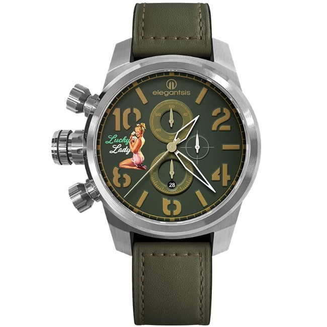 elegantsis 傑本尼氏 ELJF48QS-OG03LC 機頭藝術P-38閃電腕錶/綠面 48mm
