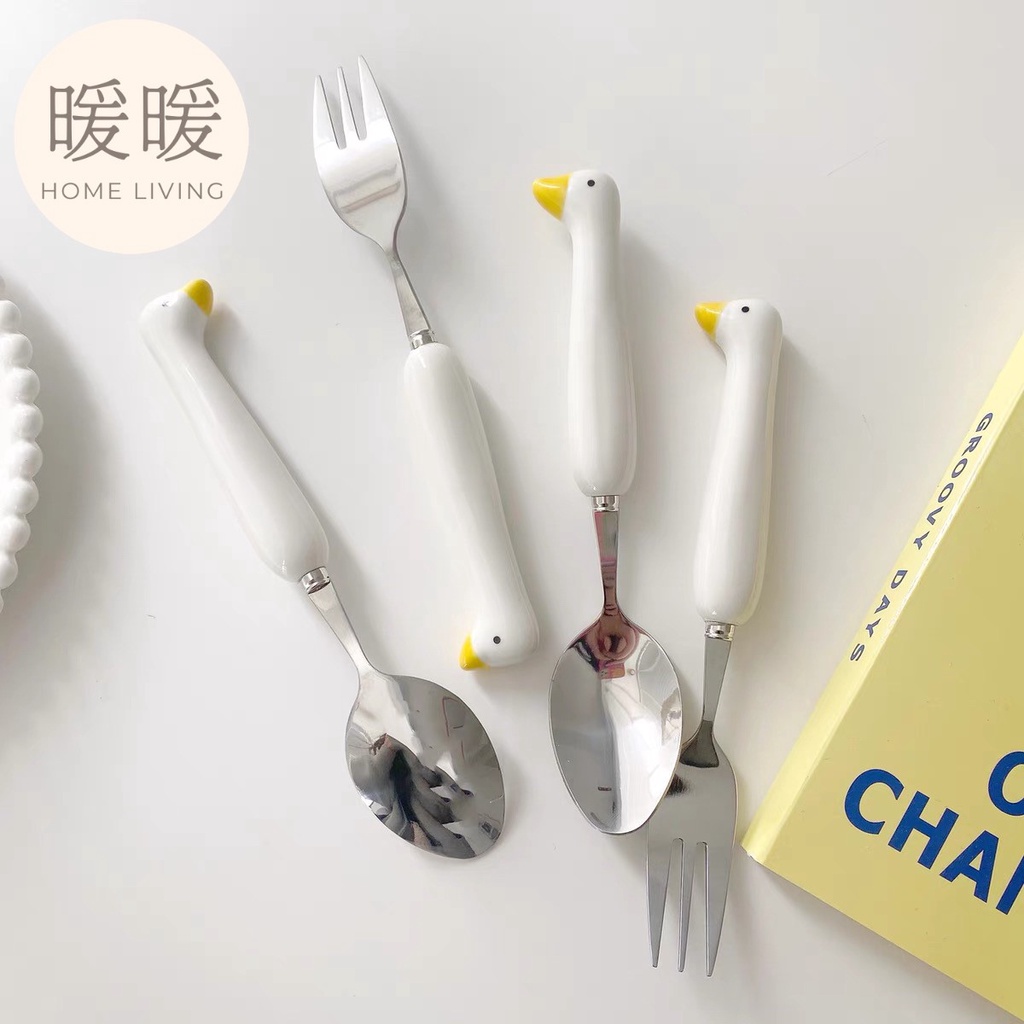 【暖暖】✨現貨秒出 韓國ins 可愛小白鴨 餐具 陶瓷餐具 不銹鋼餐具 304餐具 湯匙 叉子