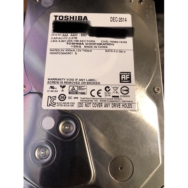 二手 Toshiba 3.5吋 DT01ACA200 2TB 硬碟   7200rpm 出廠年2014