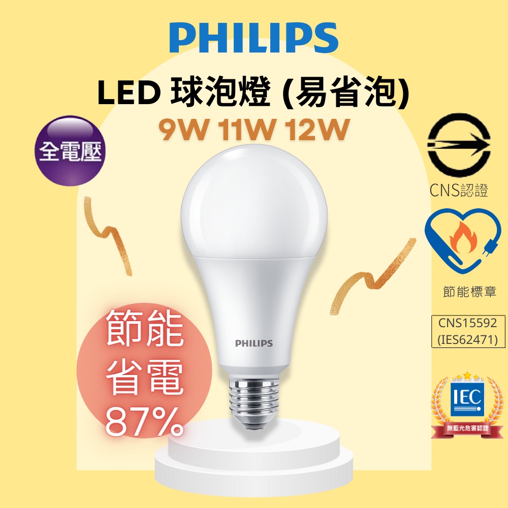 飛利浦 易省 LED E27 燈泡 9W 11W 12W  球泡燈 節能省電 無藍光危害 PHILIPS 含稅☺