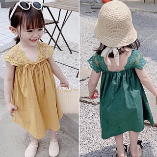 go cool shop臺灣出貨現貨洋裝 連身裙 蕾絲 女童 夏季 公主蕾絲肩袖連身裙純色洋裝1090314