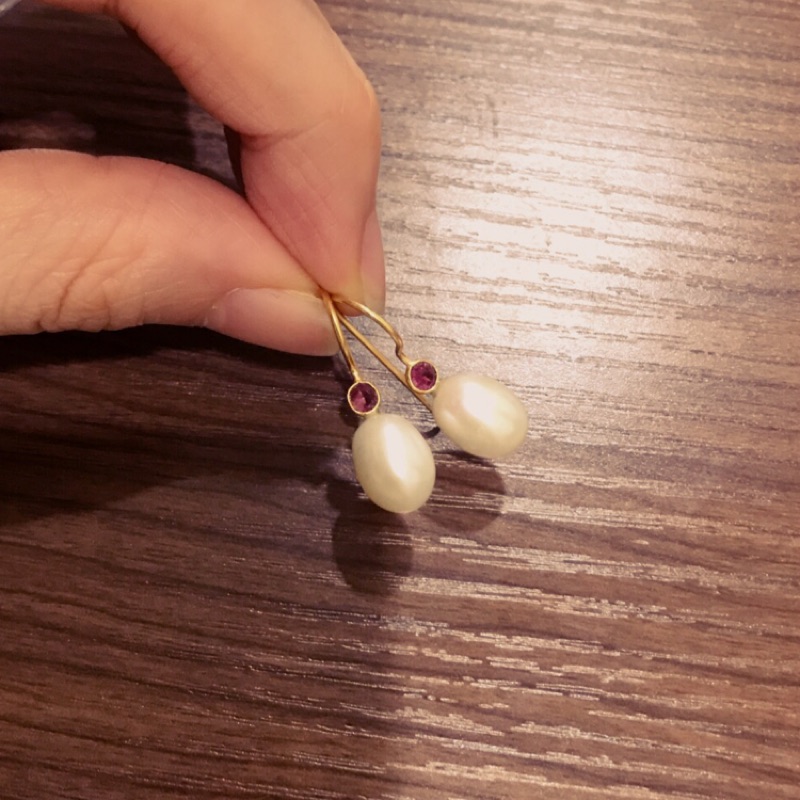 日本 Agete款式 珍珠碧璽耳環 天然珍珠 銀鍍18K