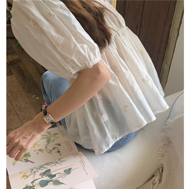 53323 韓版真絲質感刺繡微透短袖襯衫