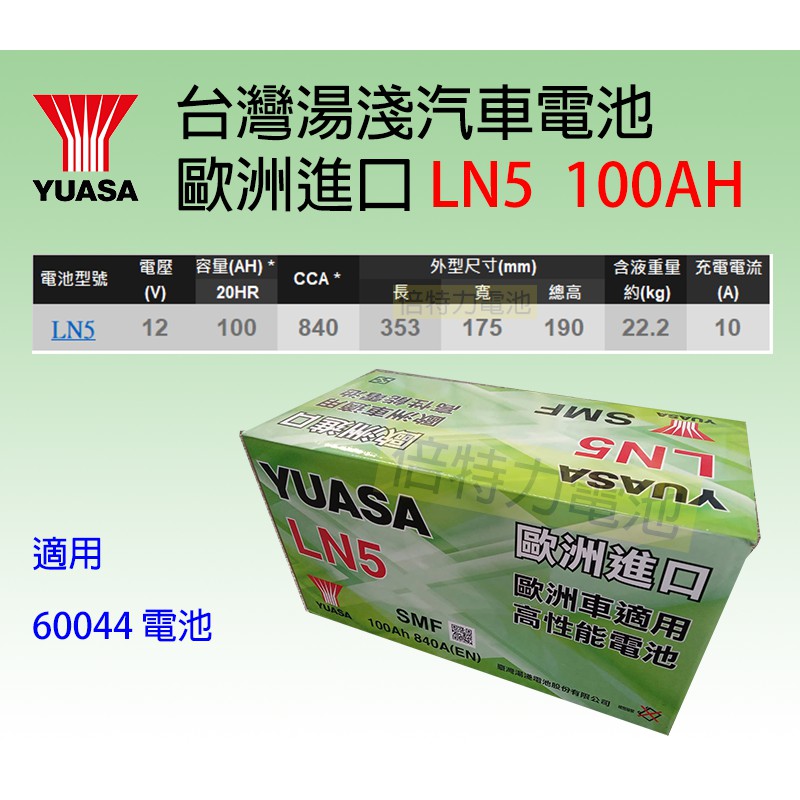 湯淺 YUASA LN5 (60044適用) 歐規 12V 100Ah 免保養電池