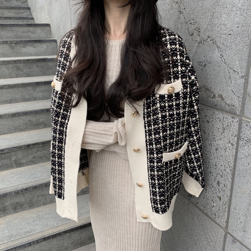韓國chic千鳥格寬鬆針織外套 毛衣外套 女生衣著 時尚復古chic風顯瘦個性氣質款外搭上衣