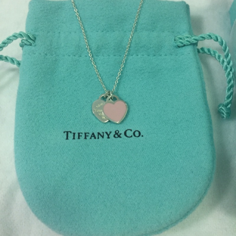Tiffany&amp;Co. 迷你雙色雙心純銀項鍊 粉紅色