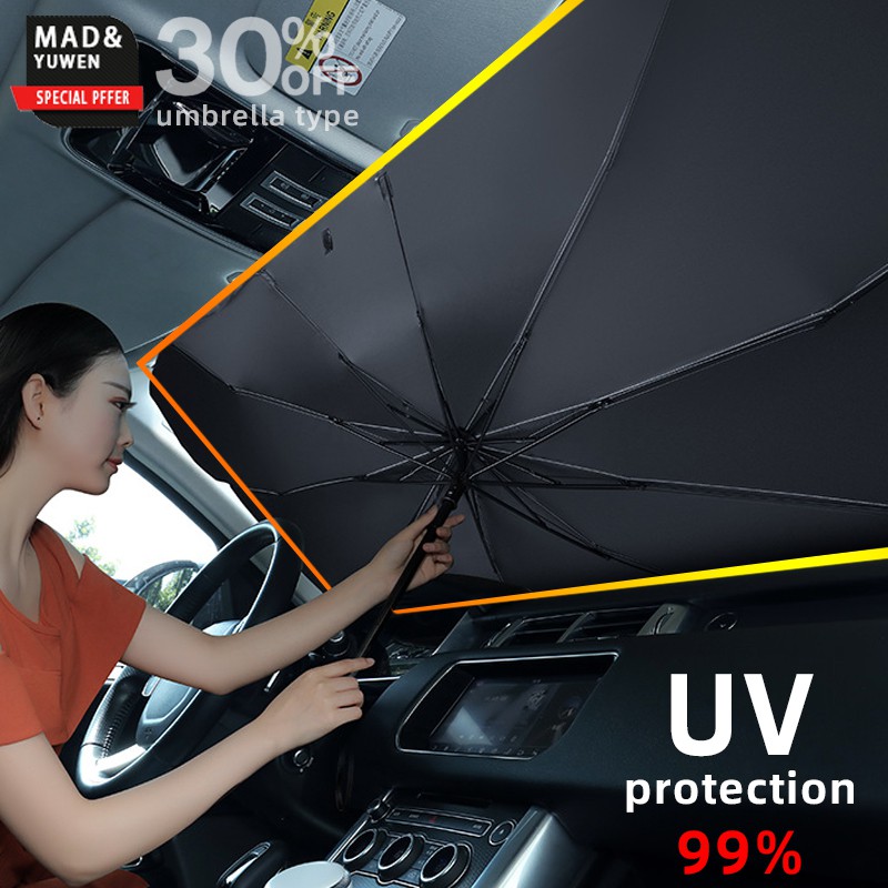 汽車擋風玻璃遮陽傘 - 可折疊汽車雨傘遮陽罩紫外線阻擋汽車前窗(隔熱保護),適用於汽車擋風玻璃罩卡車