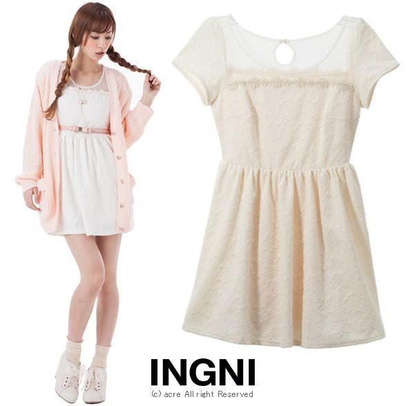 日本品牌INGNI肩透膚蕾絲小花滾邊拼接浮雕紋洋裝