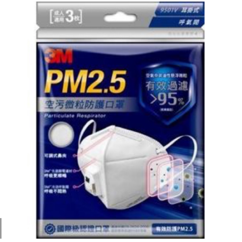 3M PM2.5空污微粒防護口罩9501V 耳掛式/呼氣閥