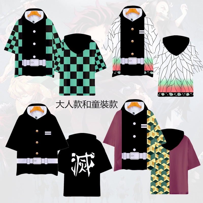 鬼滅之刃跨境熱銷炭治郎我妻善逸角色服3d彩印個性潮流男生女生款寬鬆帶帽短袖t恤帽t 連帽t恤動漫周邊上衣
