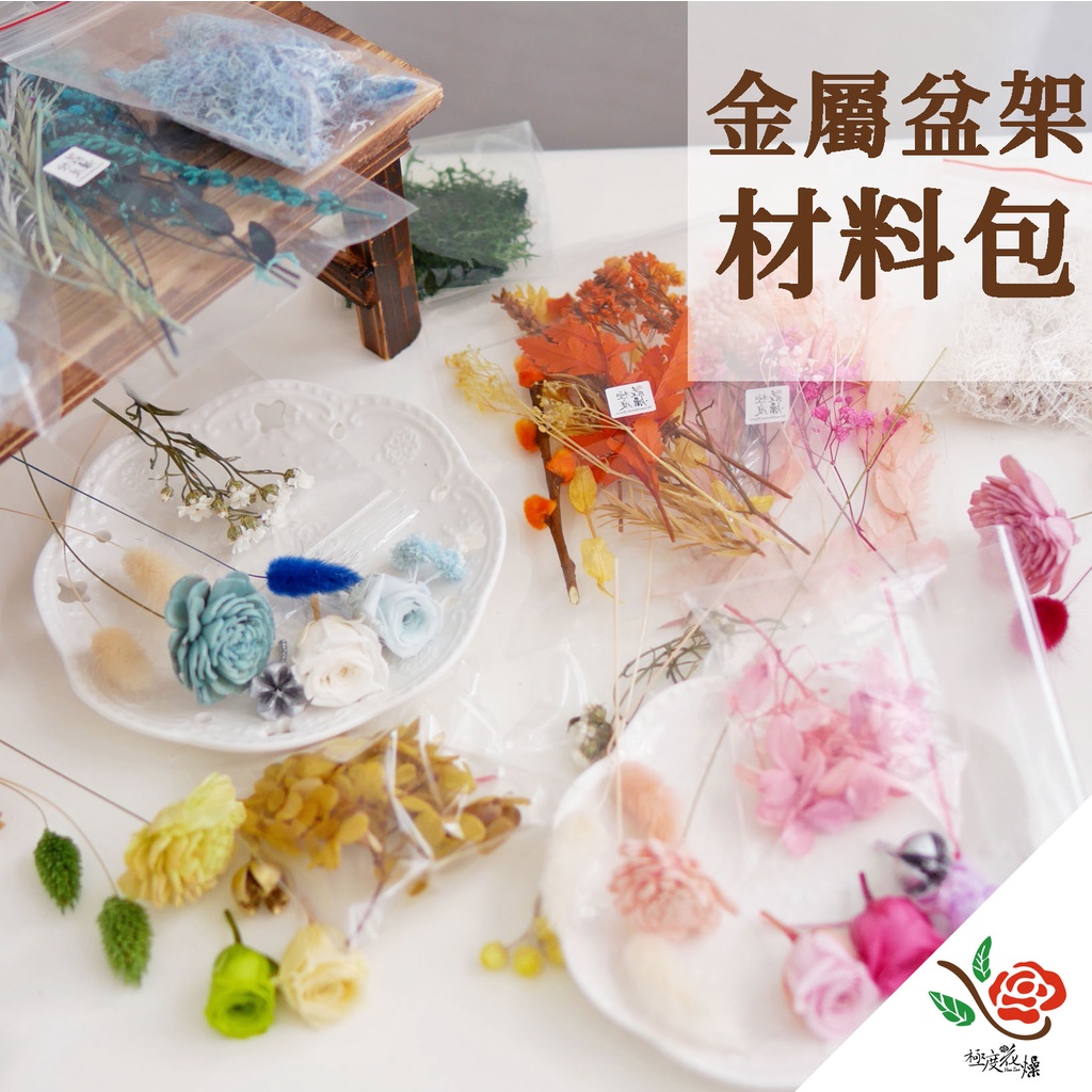 金屬盆架桌花材料包 極度花燥 乾燥花不凋花索拉花蓪草花花材小桌花手做擺設拍攝道具永生花