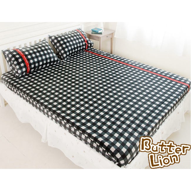 【奶油獅】格紋系列-台灣製造-100%精梳純棉床包三件組(黑)－雙人5尺