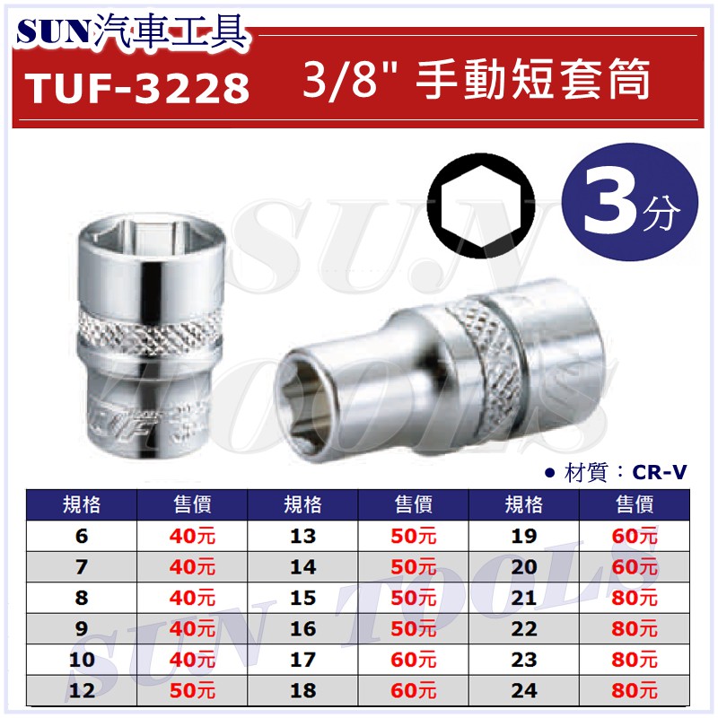 SUN汽車工具 TUF 3228 3分 6角 手動 短套筒 6 8 10 12 14 16 mm 3/8" 短白 套筒