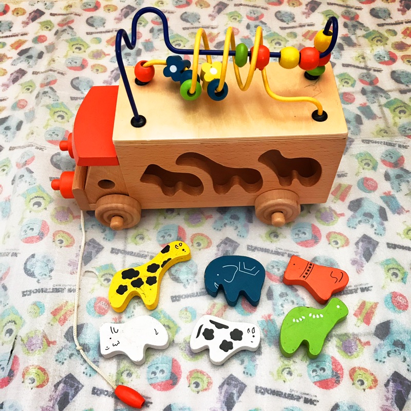 🚼兒童玩教具系列·日本Ed.lnter - 木製動物配對繞珠拖拉三合一寶寶拖車 KW015-A 「二手良品」