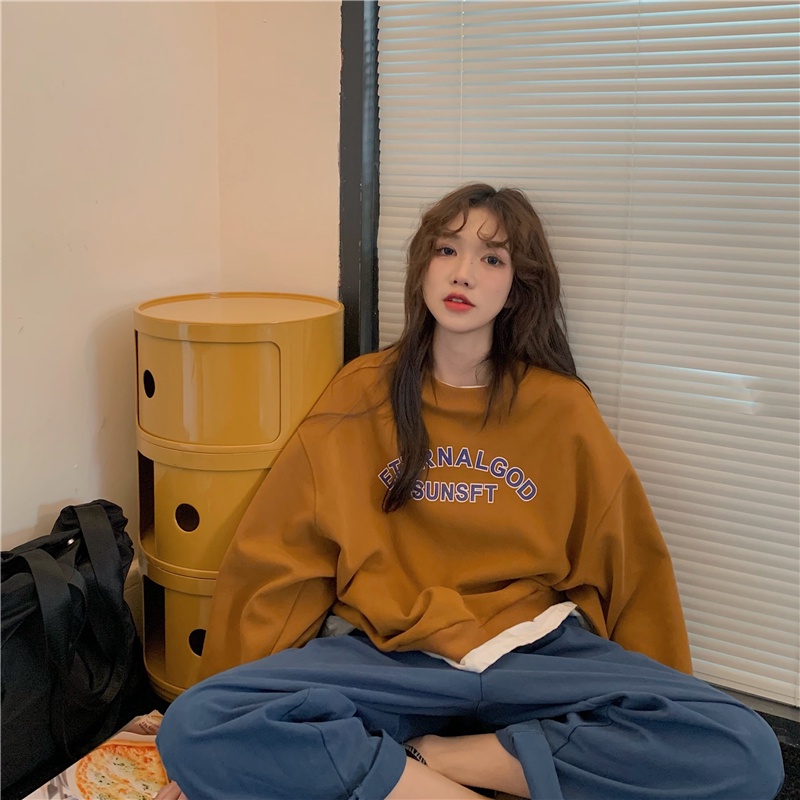 [嬌戀主角] 韓版寬鬆字母印花大學t 刷毛加厚 休閒顯瘦長袖上衣