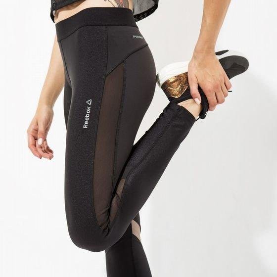 Reebok AY0898 女子 網紗  跑步 舞蹈 訓練 運動 緊身褲-黑色S-側腿透氣網紗很性感
