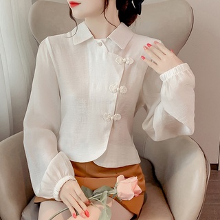 愛依依 長袖襯衫 短款上衣 白襯衫S-XL新款復古盤扣襯衫女設計感小眾短款上衣NC321-6156.