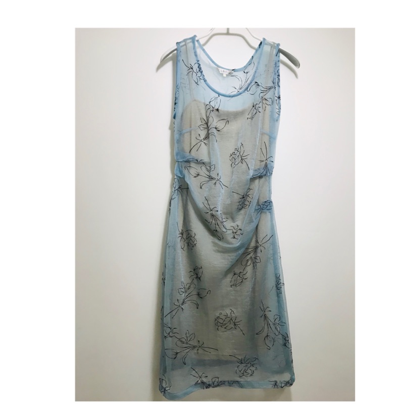二手衣 台灣設計師【溫慶珠 】藍色網紗花紋無袖洋裝、小禮服