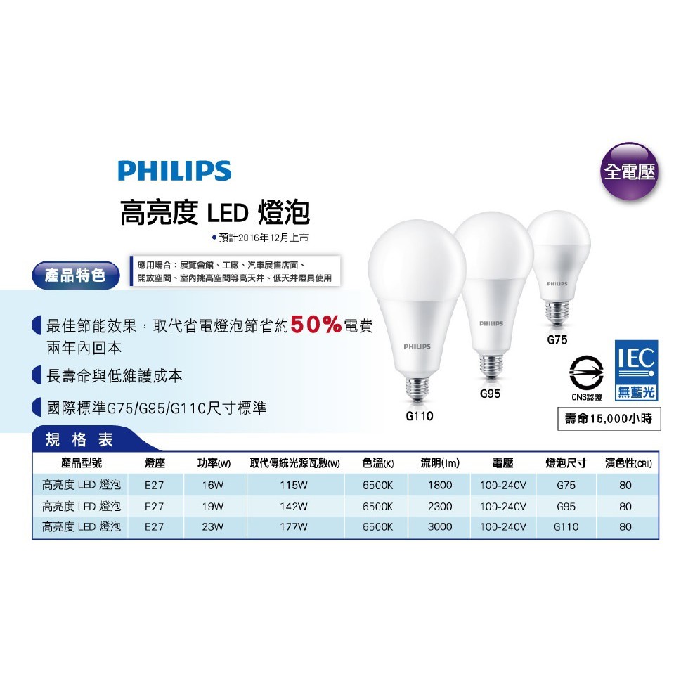 🌟LS🌟含稅-現貨 飛利浦高亮度 LED 球泡 16W 19W 23W 36W  45W 保固兩年