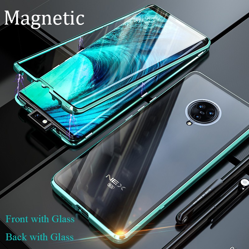 Vivo nex 3 nex3 5g 4g 手機殼磁性金屬框架雙面鋼化玻璃 360° 全保護硬蓋外殼