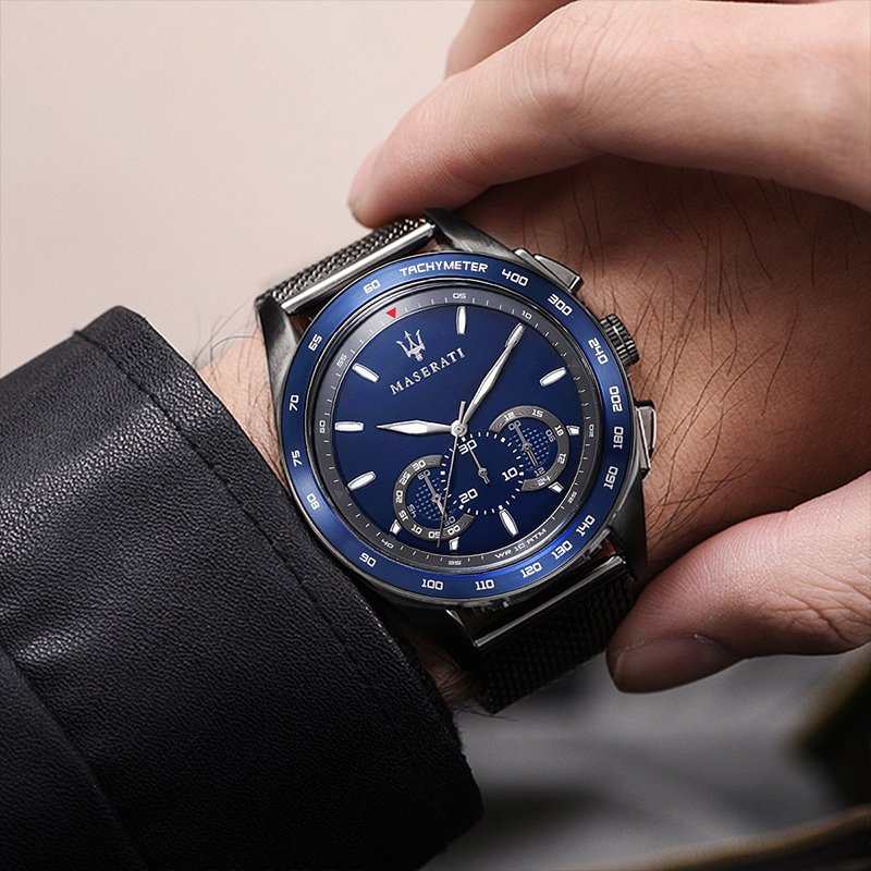 【MASERATI瑪莎拉蒂】R8873612009 米蘭錶帶 三眼計時男錶 藍/鐵灰 45mm 台南 時代鐘錶