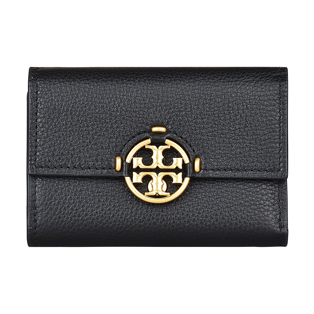 TORY BURCH MILLER金字簍空設計LOGO荔枝紋牛皮8卡扣式中夾(黑)