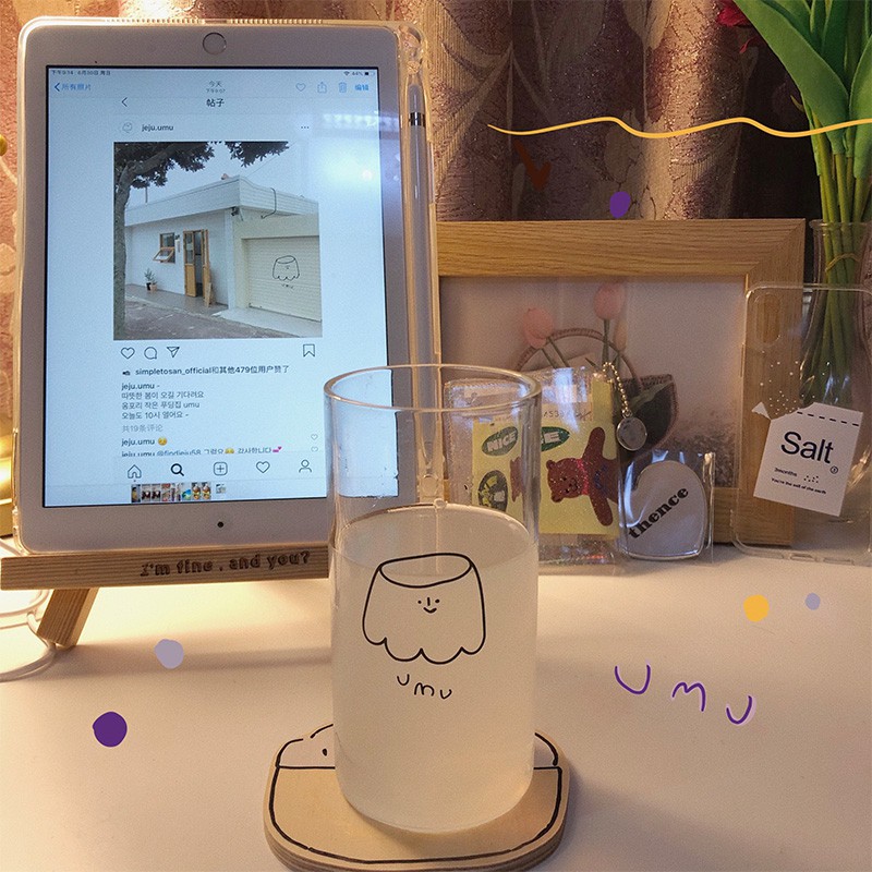 Ohaya丨送吸管 自製ins款韓國插畫布丁 可愛牛奶杯 咖啡杯玻璃杯吸管杯 透明果汁早餐牛奶耐熱水杯
