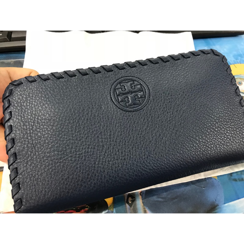 【TORY BURCH】編織款全皮革拉鍊長夾(藍色）