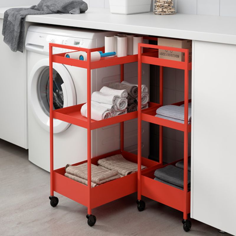 【IKEA 宜家家居】NISSAFORS 推車(橙紅色) 金屬材質可磁吸 廚房收納餐車 臥室小空間收納 工具推車