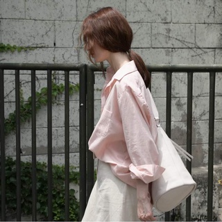 韓版Chic風春裝新款溫柔淡淡顯白粉色氣質百搭寬鬆襯衫長袖上衣女