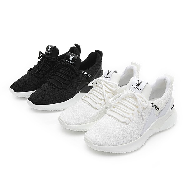 PLAYBOY 簡約率性 飛織襪套式休閒鞋-白/黑(Y5821)
